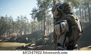 a, צבא, אסטרונאוט, is, לחכות, ל, a, הצל, חללית, ב, a, אבד, planet., דוגמה, ל, fantasy,, עתידי, או, רווח מטייל, backgrounds., 3d, rendering.