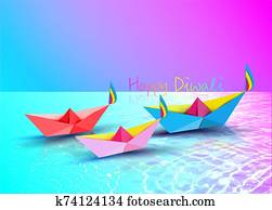 Happy Diwali Celebration in Origami style Graphic design of Indian Diya Oil Lamps in boat bath toy shape, folded paper Flat Design. Colorful Festival of Lights. Vector isolated on sea background Happy Diwali Celebration in Origami style Graphic design of Indian Diya Oil Lamps in boat bath toy shape, folded paper Flat Design. Colorful Festival of Lights. Vector isolated on sea background