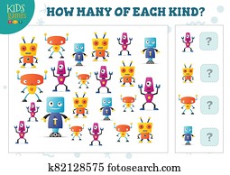 How many of each kind cartoon robot counting game for kids vector illustration How many of each kind cartoon robot counting game for kids vector illustration