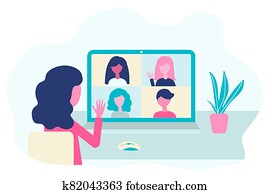 Video conference. People group on computer screen talking, virtual meeting. Online communication vector concept in flat design. Video conference. People group on computer screen talking, virtual meeting. Online communication vector concept in flat design.