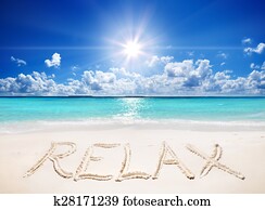 escrito, relaxe, ligado, areia, de, a, praia