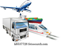 logisitk, begriff, motorflugzeug, lastwagen, zug, ozeanriese