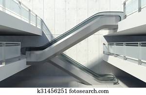 Moving escalator and modern office building Moving escalator and modern office building