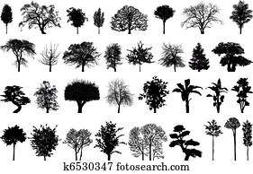 silhuetas, de, árvores