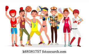 Summer Sports . Set Of Players In Boxing, Hiking, Basketball, Volleyball, Golf, Lacrosse, Baseball. Isolated On White Background Flat Cartoon Illustration Summer Sports . Set Of Players In Boxing, Hiking, Basketball, Volleyball, Golf, Lacrosse, Baseball. Isolated On White Background Flat Cartoon Illustration