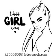 vektor, schöne frau, porträt, in, skizze, stil, und, inschrift, dieser, frau, can.
