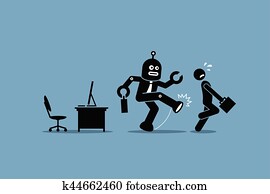 רובוט, עובד, בועט, הלאה, a, בן אנוש, עובד, מ, לעשות, שלו, מחשב, עבודה, ב, משרד.