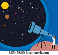 側視圖 的 A 人站 以及 看 星 透過 望遠鏡美工圖案 K Fotosearch