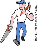carpenter tradesman worker hammer and saw walking carpenter tradesman worker hammer and saw walking
