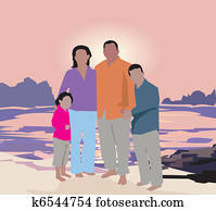 familia, posición, en, playa