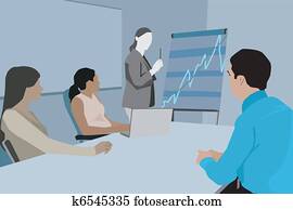 mujer de negocios, dar, presentación, delante de, ella, colegas