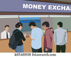 Rear view of people at money exchange counter