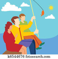 Side view of family fishing together