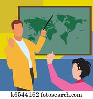 Teacher showing world map to student in geography class