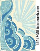Vintage sea waves and sun. Vector illustration of sea landscape Vintage sea waves and sun. Vector illustration of sea landscape