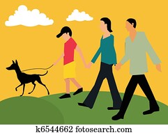 vista lateral, de, familia caminar, con, su, mascota