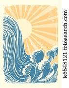 Waterfall. Vector grunge blue water waves background with sun Waterfall. Vector grunge blue water waves background with sun