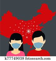 wuhan, coronavirus, 2019-ncov, concept., bábu woman, hord, surgical maszk, vektor, ábra