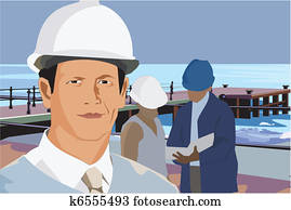 Architects at coast with pier and horizon in the background