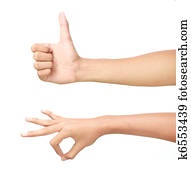 mãos masculinas, mostrando, polegares cima, sinal, um