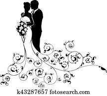 novia y novio, pareja, boda, silueta, extracto