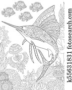 oceânicos, submarinas, fundo, com, sailfish