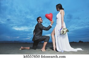 romántico, boda playa, en, ocaso