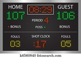 Image of an electronic basketball scoreboard. Image of an electronic basketball scoreboard.