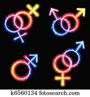 macho, hembra, y, transgender, símbolos de sexo, laser, neón