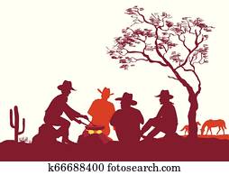 cowboys, ungefähr, a, campfire., vektor, silhouetten, weiß, für, design