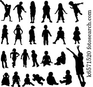 lott, av, barn, och, barnen, silhoue