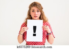 exclamation point woman points fotosearch