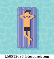 Young man floating on a mattress in a swimming pool Young man floating on a mattress in a swimming pool