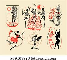 שלדים, לוגוים, אוסף, ל, *t* חולצה, ו, denim., שלדים, dance,, ה, שלד, של, ה, venus,, ה, mermaid,, ה, angel,, ו, ה, מלאך, של, death., וקטור, illustration.