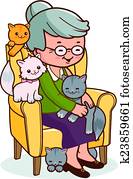 anciana, sentado, en, un, sillón, con, ella, cats., vector, ilustración