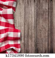 antigas, tabela madeira, com, vermelho, piquenique, toalha de mesa, e, copyspace