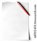 blank page with a red ball point pen in the angle of the page over white background blank page with a red ball point pen in the angle of the page over white background