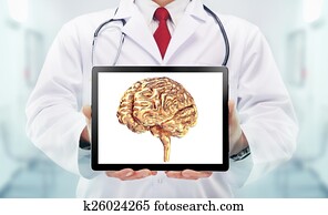 Doctor with stethoscope and golden brains on the hands in a hospital Doctor with stethoscope and golden brains on the hands in a hospital