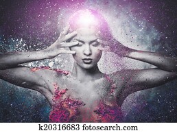 fragilidade, de, um, human, criatura, conceitual, arte corpo, ligado, um, mulher