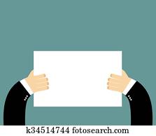 handen, en, puur, leeg, buitenreclame, spandoeken, teken., zakenman, vasthouden, een, poster., ruimte, voor, text., wit blad, van, papier