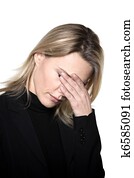 kvinne, trist, sorg, hodepine, portrett, studio