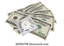 Condom with money on white