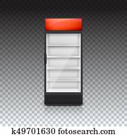 Fridge for drink with glass door and red lightbox, on a transparent background. Mock-up or template for your design and advertising message, 3D illustration Fridge for drink with glass door and red lightbox, on a transparent background. Mock-up or template for your design and advertising message, 3D illustration