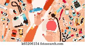Hands of manicurist performing manicure and her customer or client surrounded by tools and cosmetics for nail care, top view. Beauty salon. Colorful vector illustration in flat cartoon style.