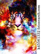 magical space tiger, multicolor computer graphic collage.