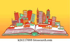 Open book displaying a busy city Open book displaying a busy city