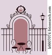 Ancient fance and sign of coffee house with chairs and table