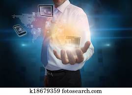 Businessman presenting interface with connecting devices