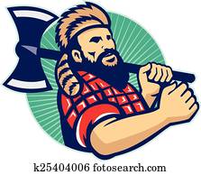 lumberjack, logger, com, machado, retro