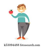 Slim man in pants showing the results of diet.